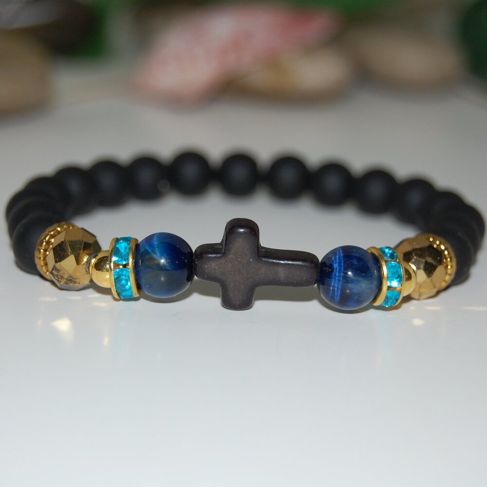 Cross Bracelet,Onyx Bracelet,Cross Onyx Stone Beads Bracelet,Onyx & Colorful Bea